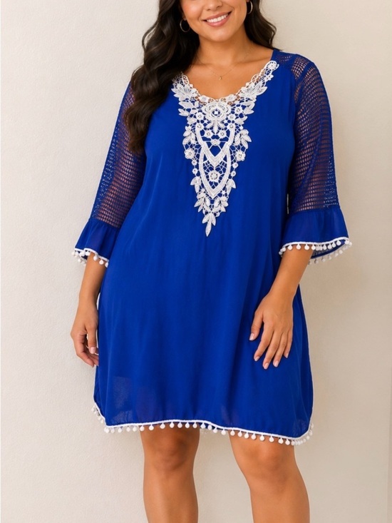 Blue Life Other - Swimsuit cover-up vibrant royal blue tunic dress ornate embroidered lace SZ XL